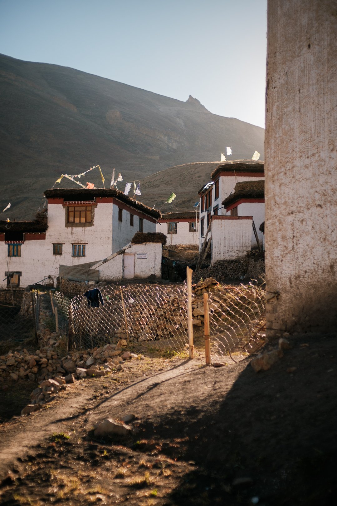 Traditional white houses and prayer flags in Demul village