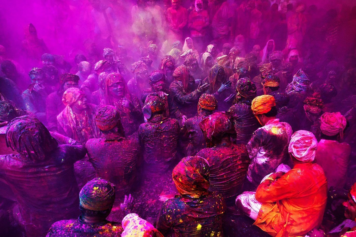 Crowd drenched in pink and purple colour during Braj Holi, Mathura